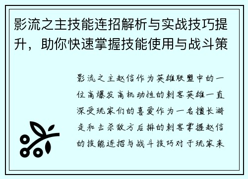 影流之主技能连招解析与实战技巧提升，助你快速掌握技能使用与战斗策略